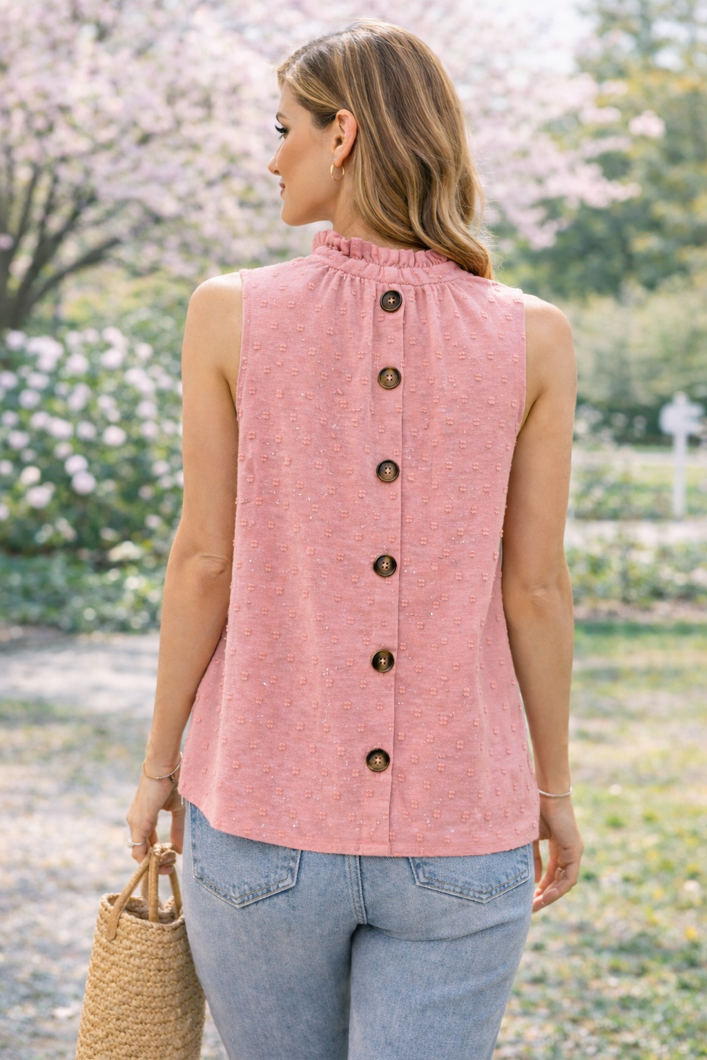 Blush Textured Ruffle Neck Button-Back Top