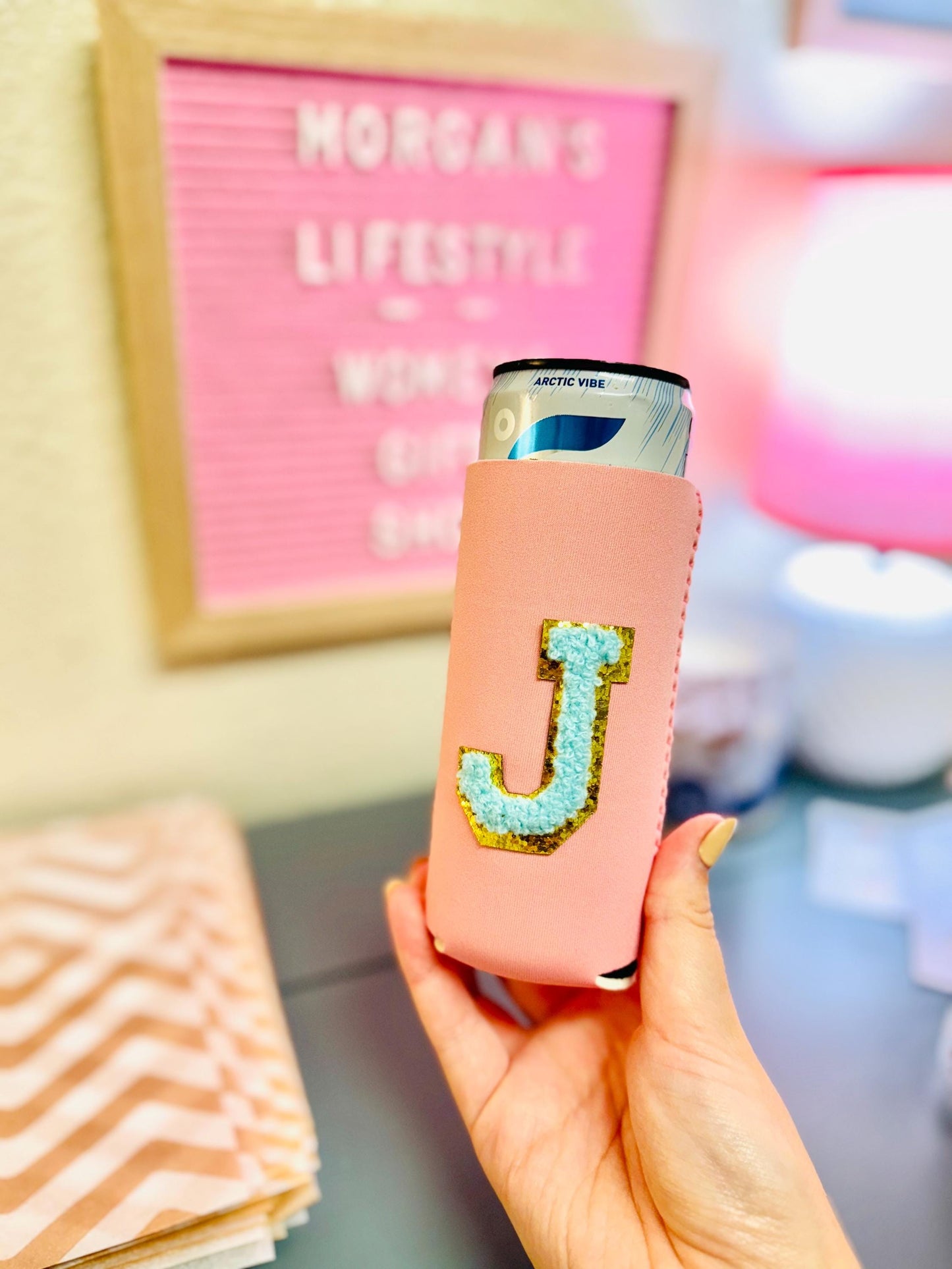 Skinny Can Cooler with Initials Letter Patches for Women and Girls - Perfect for Drinkware and Water bottles