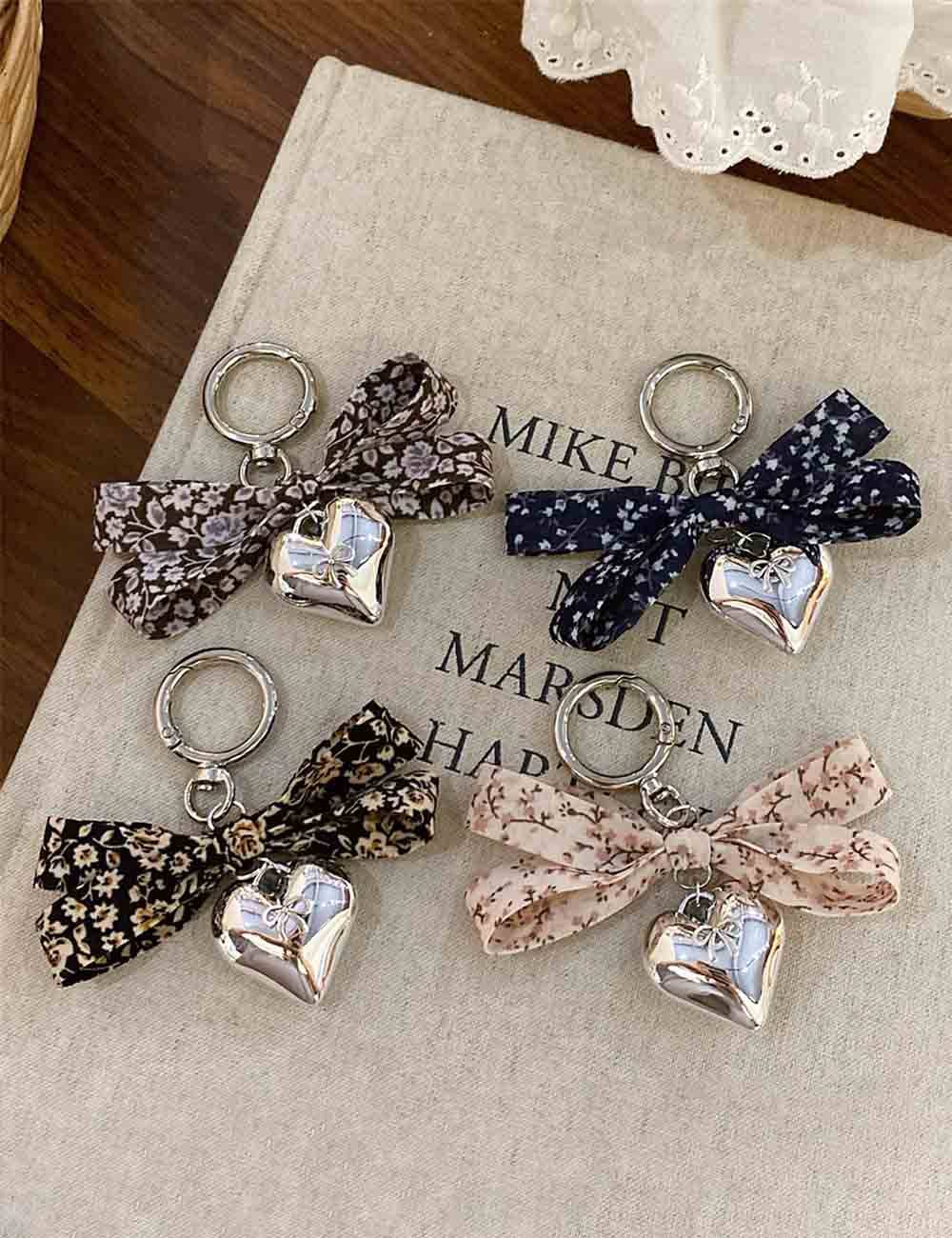 Elegant Floral Print Bow Heart Keychain Charms DP25F586