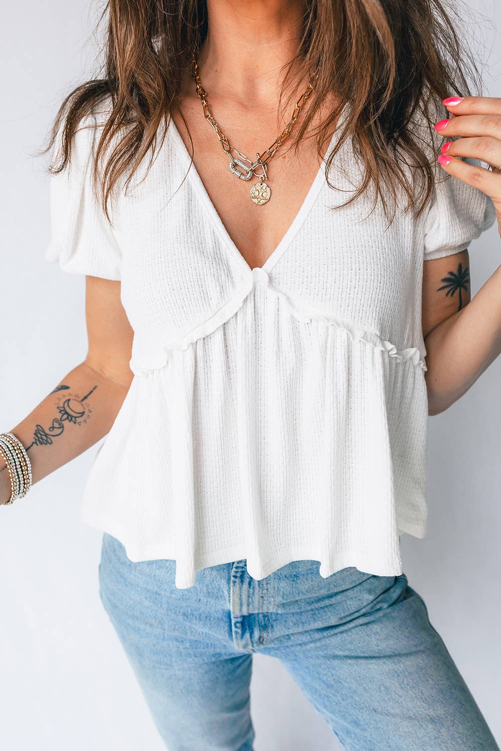 Textured Knit V Neck Back Bow Knot Top | S-XL