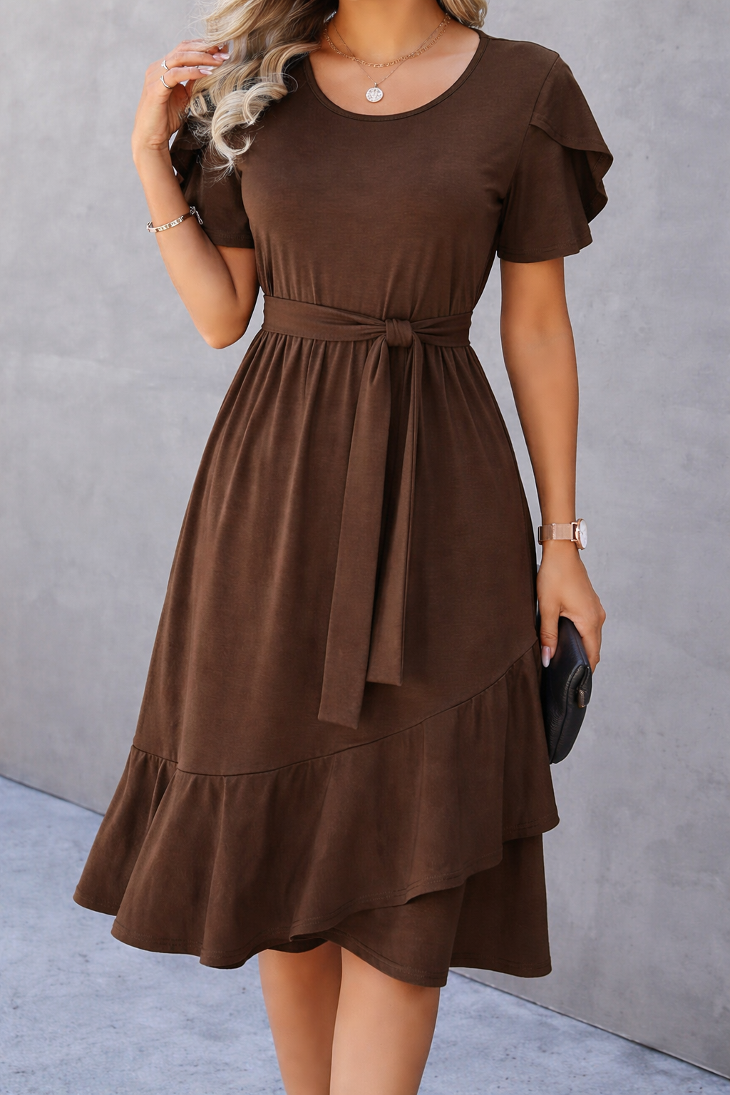 Mocha Flutter Sleeve Tie Waist Midi Dress