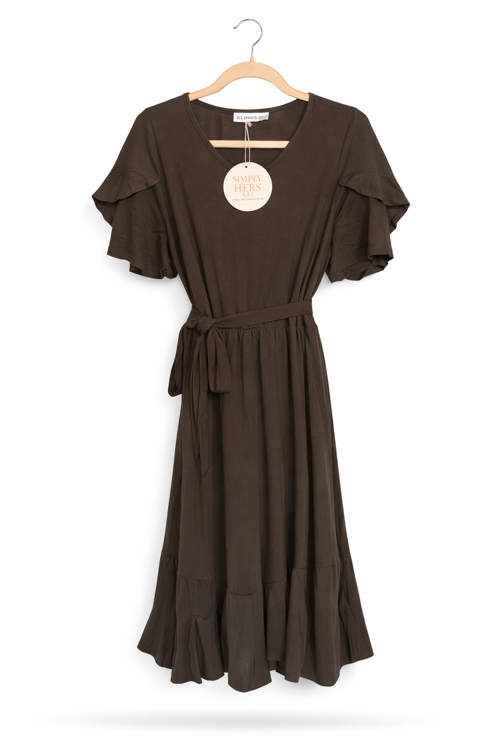 Mocha Flutter Sleeve Tie Waist Midi Dress