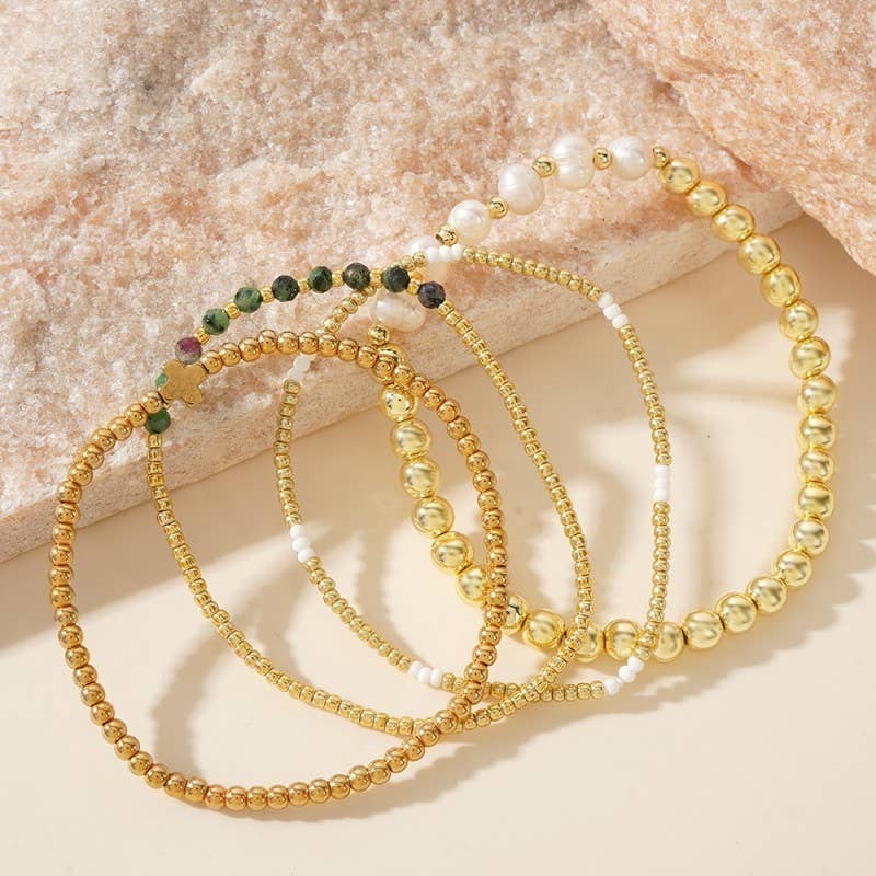 Golden Clover & Pearl Bracelet Stack
