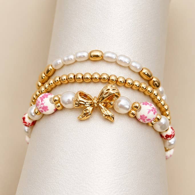 Pink Floral & Pearl Bow Bracelet Stack