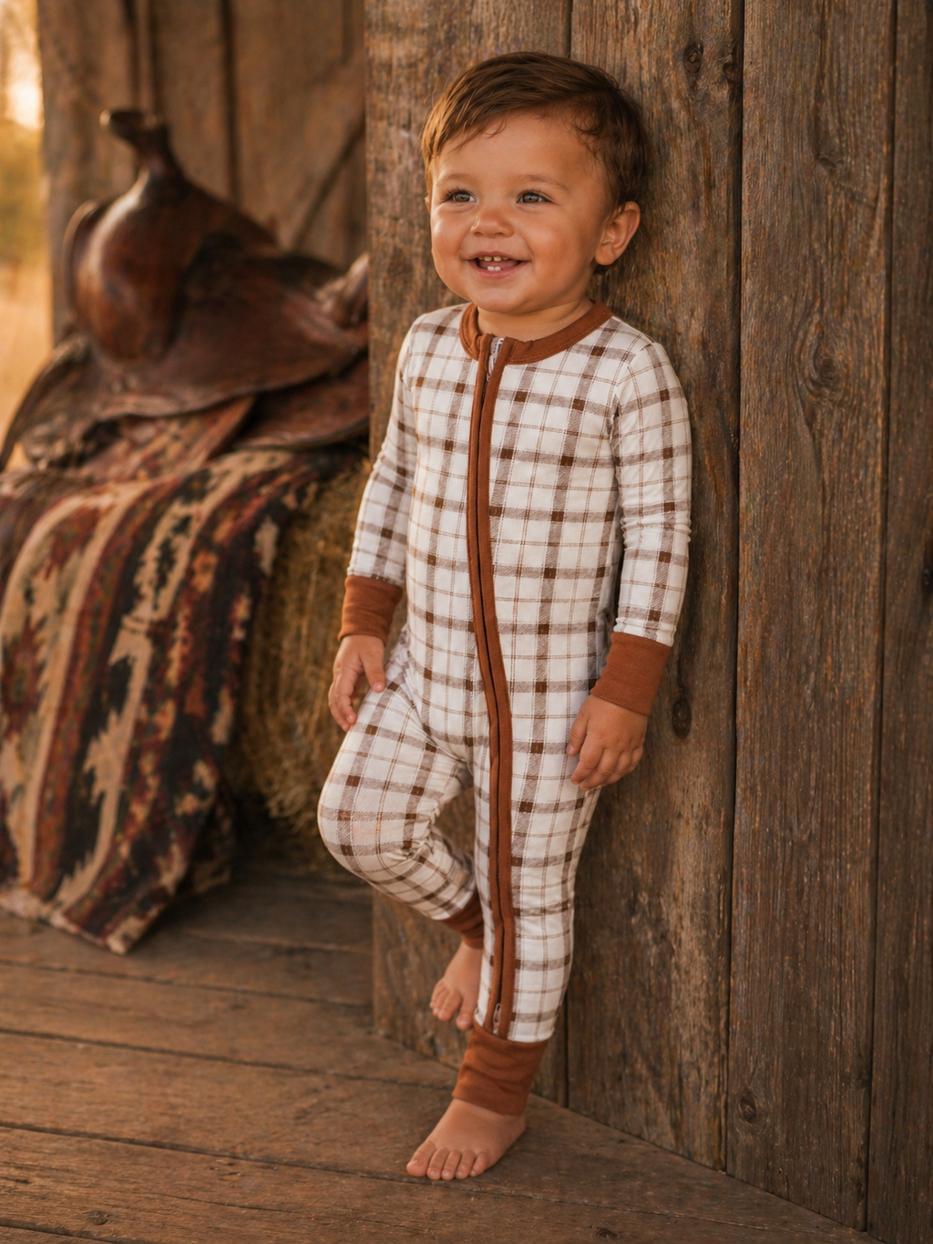 Rust & Cream Plaid Zip-Up Baby Romper
