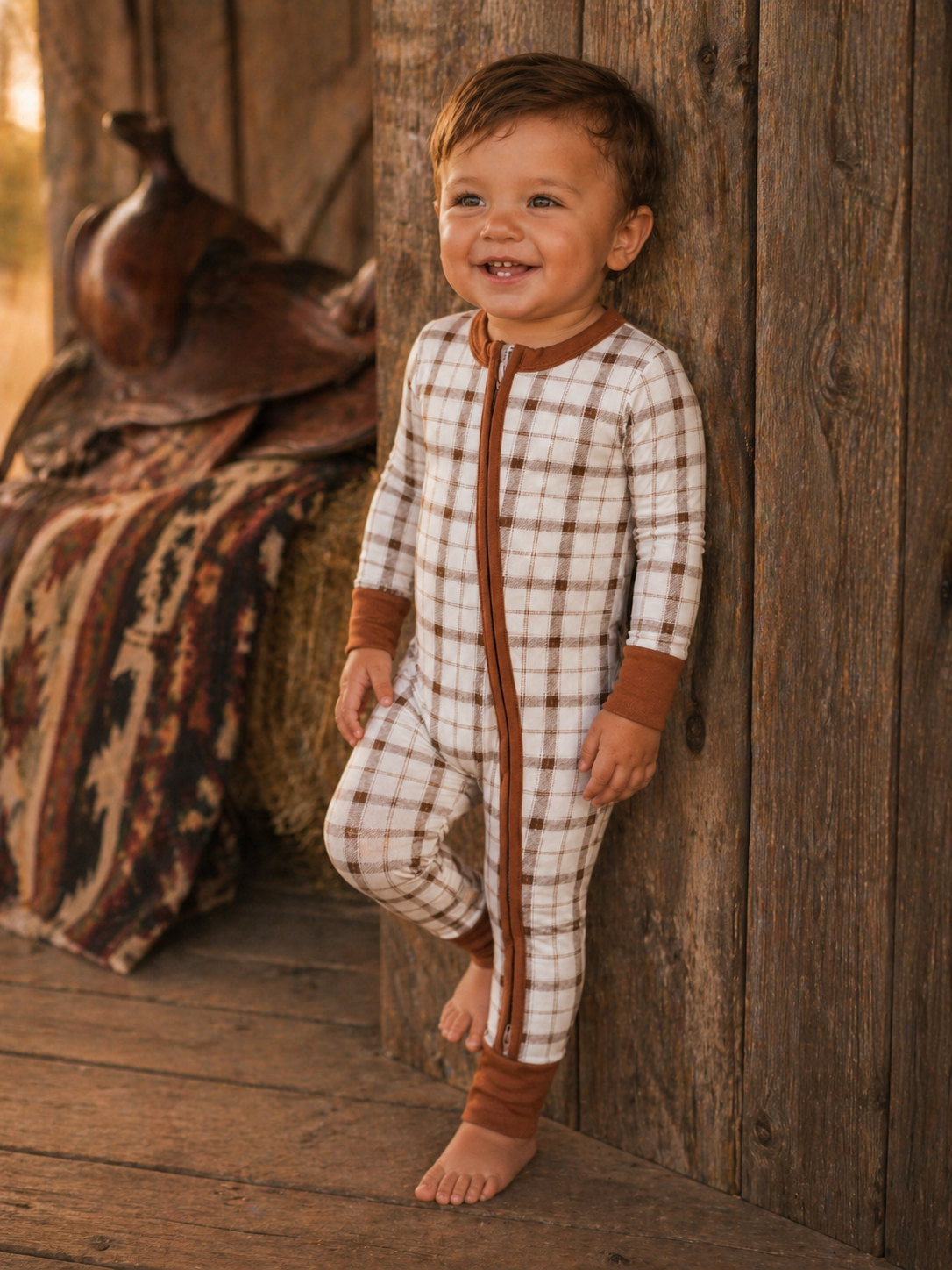 Rust & Cream Plaid Zip-Up Baby Romper