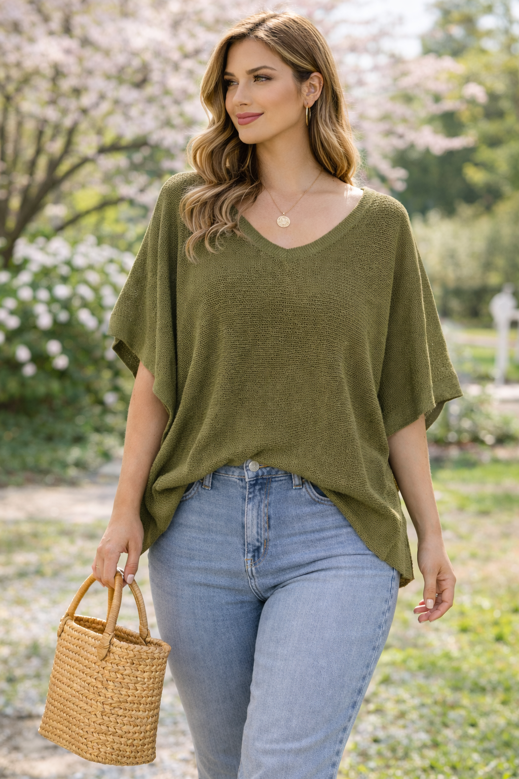 Olive Lightweight Knit Poncho Top