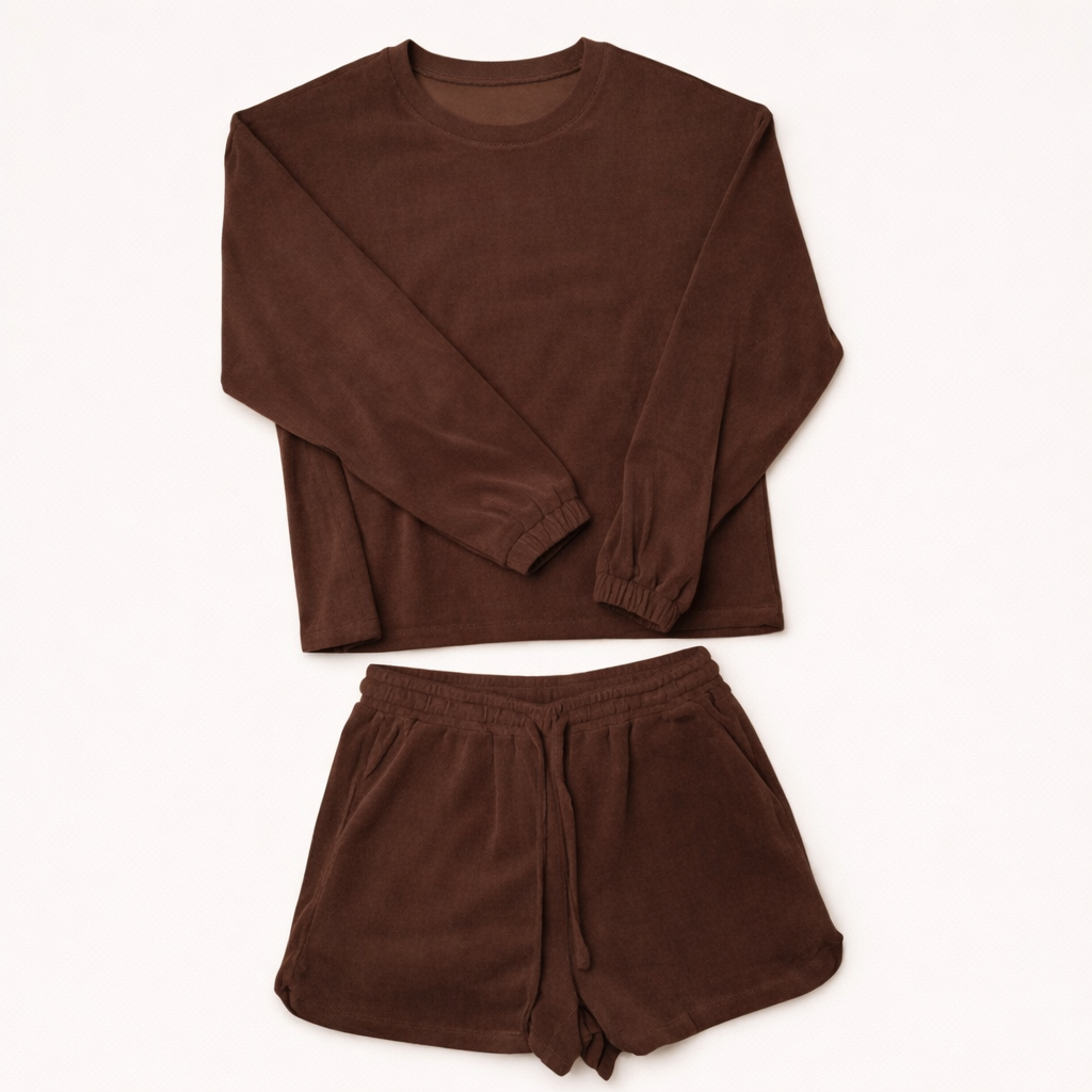 Chocolate Lounge Set – Cozy Crewneck & Shorts Set