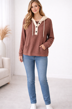 Cozy Contrast Waffle Knit Hoodie- Light Weight