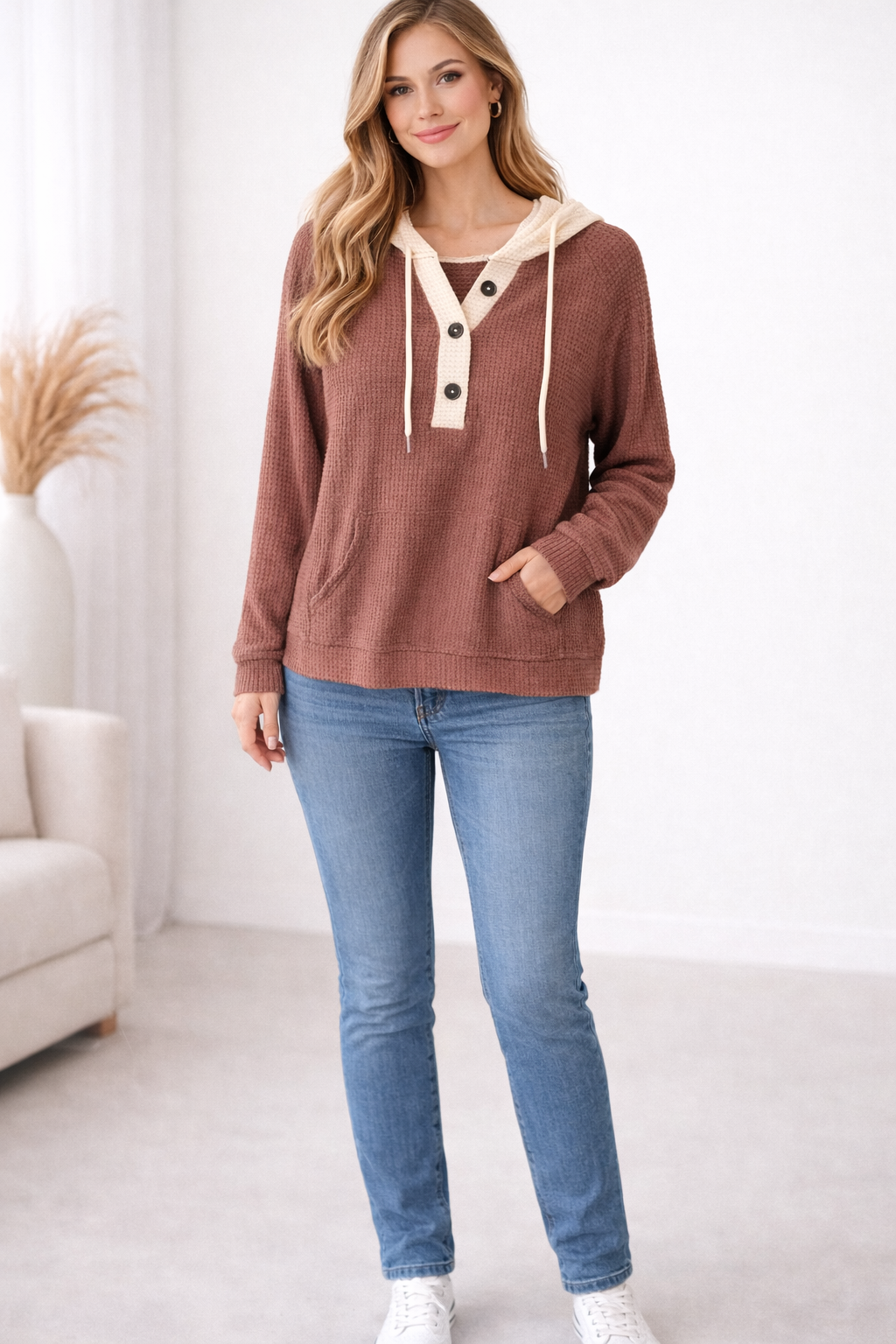 Cozy Contrast Waffle Knit Hoodie- Light Weight