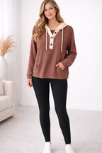 Cozy Contrast Waffle Knit Hoodie- Light Weight