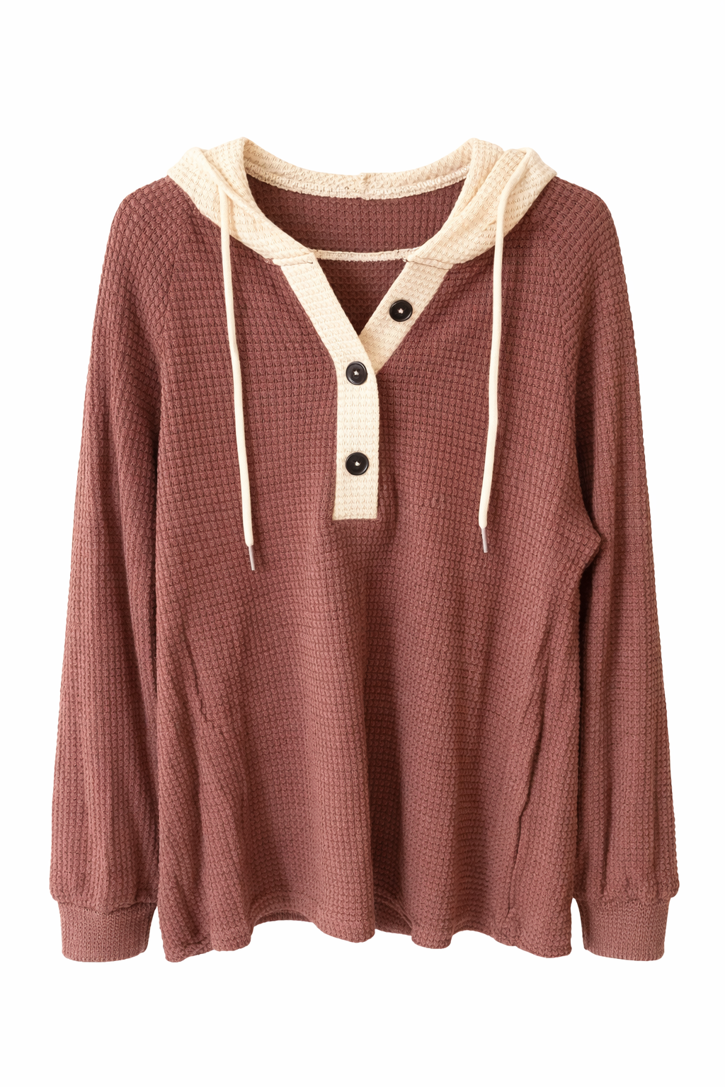 Cozy Contrast Waffle Knit Hoodie- Light Weight