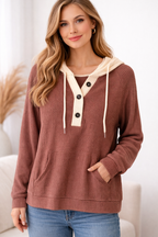 Cozy Contrast Waffle Knit Hoodie- Light Weight