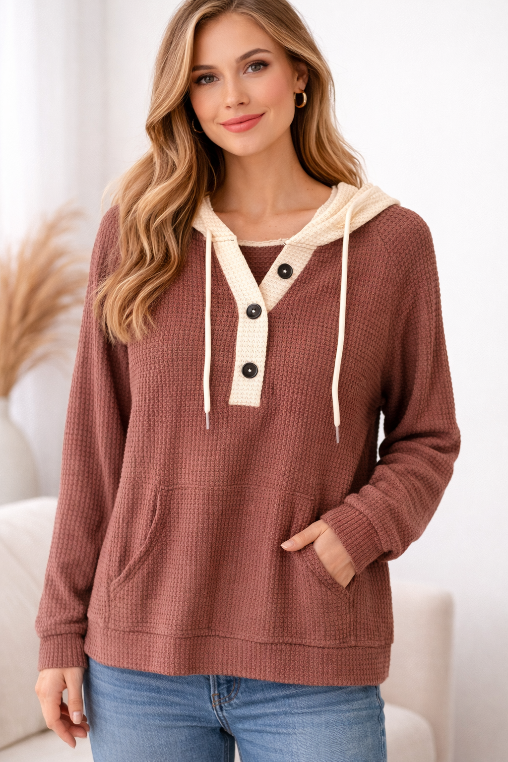 Cozy Contrast Waffle Knit Hoodie- Light Weight