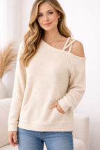 Cozy One-Shoulder Waffle Knit Top- Light Weight
